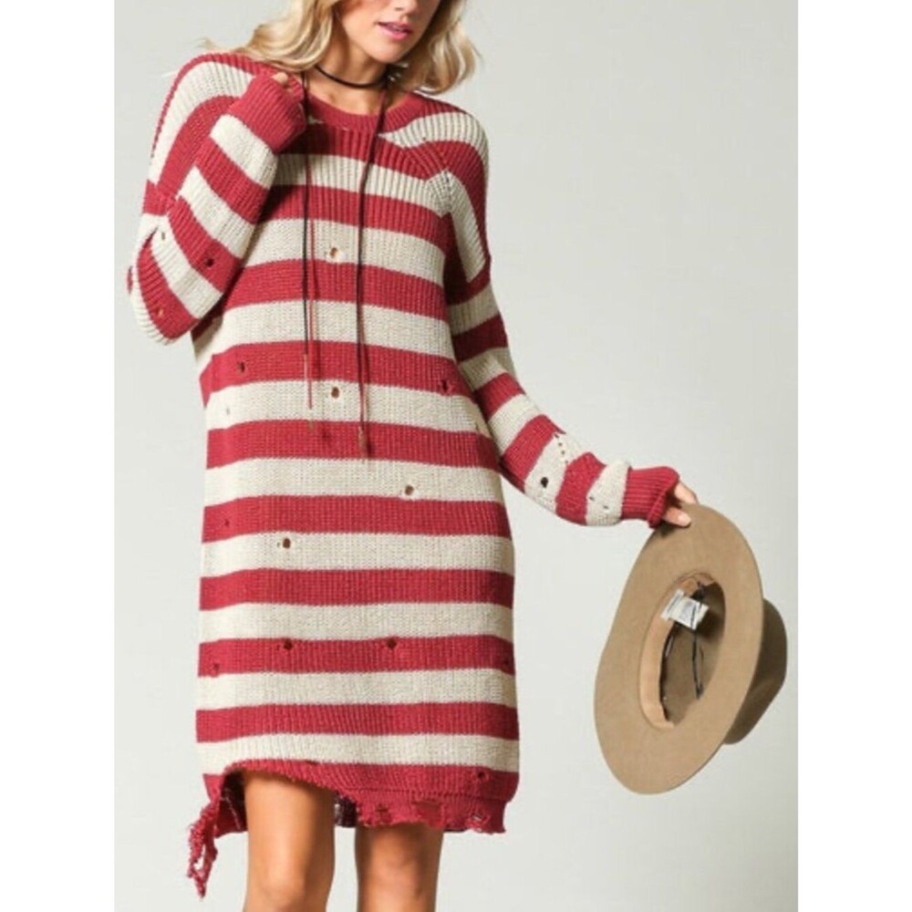 Striped Distressed Grunge Stripe Red Cream Alt Sweater Dress Womens Size Medium